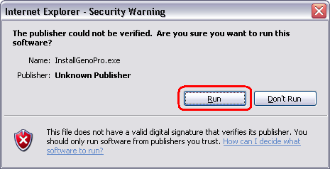 Security Warning for running file InstallGenoPro.exe
