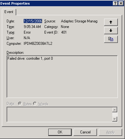 Adaptec Storage Manager - Failed drive: controller 1, port 0