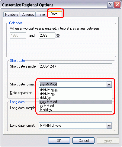 Changing the date format in the Control Panel