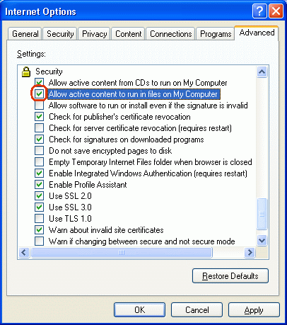 Click on the checkbox "Allow active content to run in files on My Computer" so you don't have to select "Allow Blocked Content" each time you view an HTML page containing scripts.